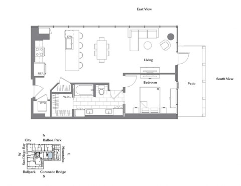 Floor plan for 1 bed, 1 bath, 940 sqft